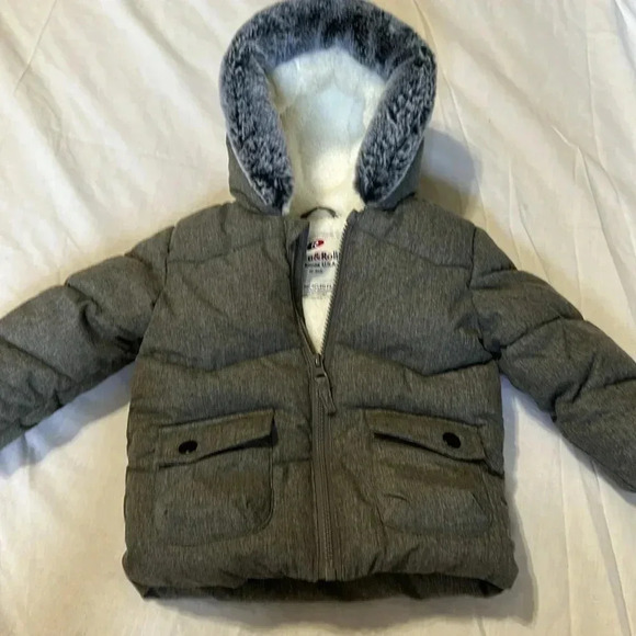Rolls & RollaSherpa Lined Mini Fur Trim Hooded Puffer Jacket  6-9 months Gray - Picture 2 of 7